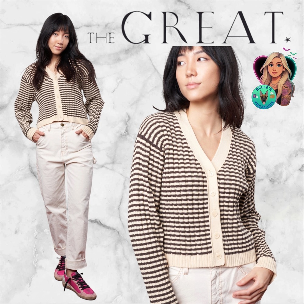 The Great. Womens 0
S/M The Mini Striped Cardigan Cream Woodsmoke Ribbed Stretch